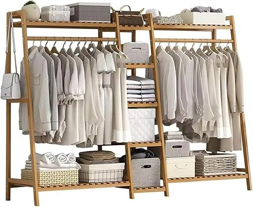 DTREEL Kleiderständer Aus Bambus, Kleiderstange Mit Ablageflächen, Tragbarer Kleiderschrank Mit Fächern, Tragbarer Freistehender Kleiderbügel For Schlafzimmer Und Eingangsbereich(Wood Color)