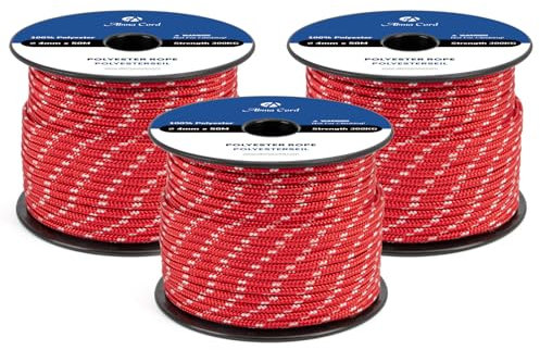 Abma Cord Polyesterseil 4mm x 50m Seil Geflochtene Schnur Reißfest für Outdoor, Boot, Festmacher, Zelt, Garten - Rot/Weiß