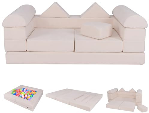 COSTWAY Divano Modulare per Bambini, 9 Pezzi, Divano Letto per Bambini in Schiuma con Tessuto Suede, Coperture Lavabili, Divano Convertibile per Stanze da Gioco, Camere da Letto, Soggiorno (Beige)