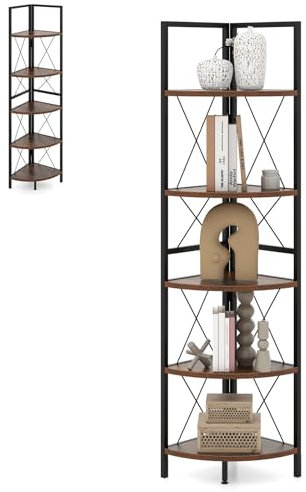 HOMASIS Eckregal mit 5 Ebenen, Bücherregal aus Holz & Metallgestell, Standregal schmal, platzsparendes Lagerregal Aufbewahrungsregal für Wohnzimmer, Büro, Küche & Bad, 35,5 x 35,5 x 160 cm (Braun)