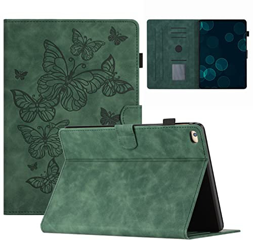 KEROM Case for iPad Mini 5, iPad Mini 4 Case, iPad Mini Case, iPad Mini 3/2/1 Case, Embossed Suede Leather Folio Stand Cover with Auto Wake/Sleep & Card Slot & Pen Holder - Green Butterfly Embossing