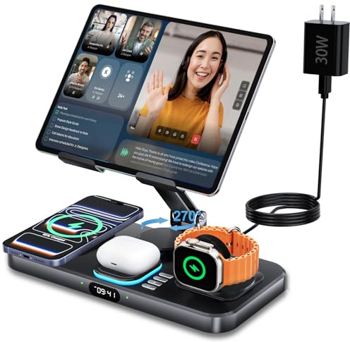 30W Foldable Charging Station for Multiple Devices, iPad Charging Station with Clock Display & Night Light for iPhone 17 Pro Max/16/15/iWatch 11/Air-pods 3/iPad 2025/Tablet Stand Holder