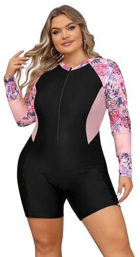 EFOGEP Plus Size Swimwear for Women: Ladies Swimming Costume Long Sleeve Zip Up Rash Guard High Stretchy Boyleg One Piece Swimsuit Surfing Modest Bathing Suit with Chest Pads Black & Flower 4XL