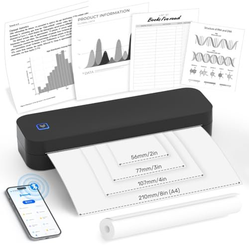 OFFCUP Imprimante Thermique A4, Imprimante Portable, Imprimante Tatouage, Imprimante sans Encre Bluetooth Compatible Android et iOS pour Bureau, Voyage, étude, Maison-Noir