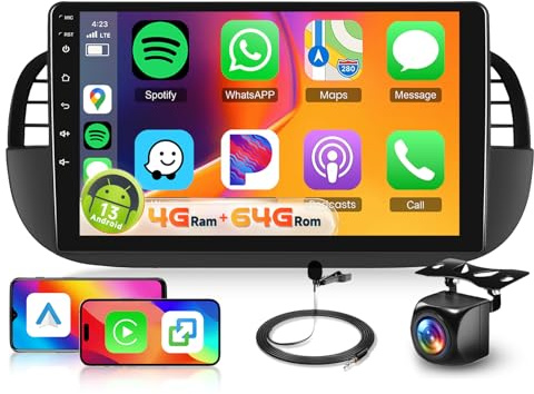 4G+64G for Fiat 500 2007-2015(Black) Car Radio Stereo with DSP/32EQ Wireless Carplay Android Auto, Hodozzy 9 inch 1280P Touchscreen Car Radio Bluetooth 5.0 GPS WiFi FM/RDS SWC Reverse Camera