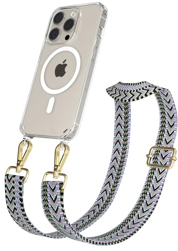 EAZY CASE Handykette - Verstellbares Taschenband kompatibel mit iPhone 15 Pro, Schulterriemen, Handykordel mit Silikon Hülle, Qi Charging kompatibel, Umhängetasche, Lila Grün Gold