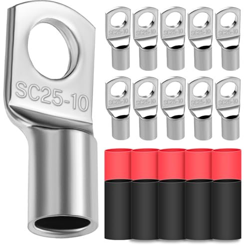 10 capicorda 25 mm², diametro foro M10, capicorda ad anello, in rame ispessito, non isolato, con 10 tubi termoretraibili 3: 1