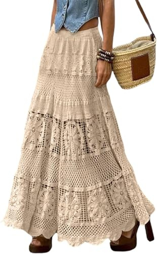 LLECDASEUI Jupes Maxi Boho en Tricot au Crochet en Dentelle Florale Occidentale pour Femmes Jupe Longue Transparente Fluide à œillets trapèze Hippie