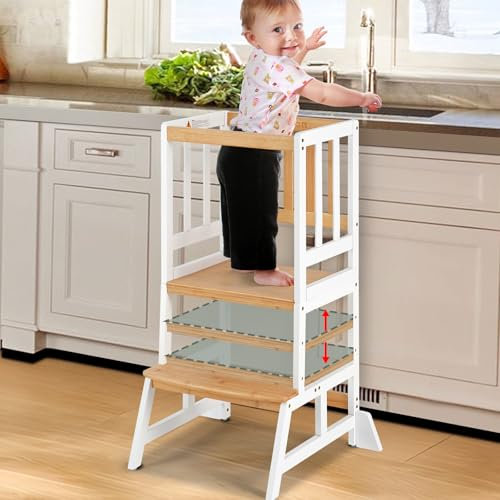 COSYLAND Height Adjustable Kids Kitchen Step Stool – Sturdy Learning Helper Standing Tower for Kitchen Counter, Bathroom – Nursery Kids Stand Helper Tower (Natural & White)