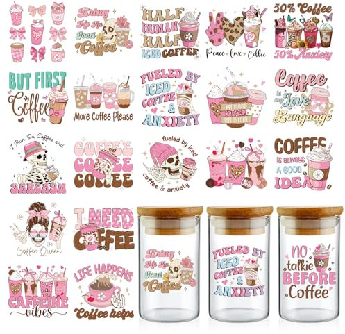 INCOK Rub on Transfers for Crafts - 20 Sheets Pink Skeleton Coffee Drinks UV DTF Glass Cup Wraps for 16 oz Water Goblet, Coquette Bow Milk Tea Mug Stickers, Cute Gifts for Girlfriend