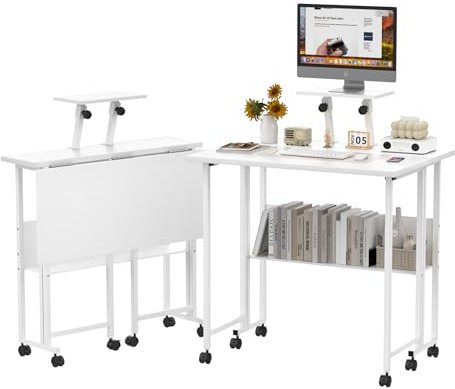 Ysgwsg Schreibtisch Klappbar Kleiner, Klappschreibtisch Mit Rädern, Kleiner Computertisch Mit Regal Arbeitstisch, Mit Monitorständer, Klappbarer Schreibtisch mit Lagerregale. (Weiß, 58x80x75cm)