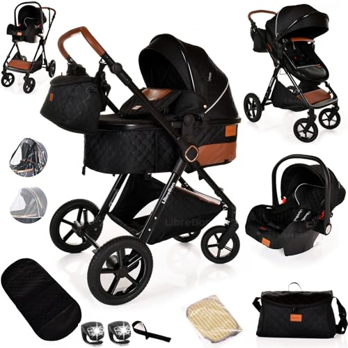 Baby Pram Pushchair Baby Buggy Stroller 3 in 1 Child Lightweight Folding Stroller 3 in 1 Travel System for Newborns & Toddlers 0-36 Months from Birth (Black Black)