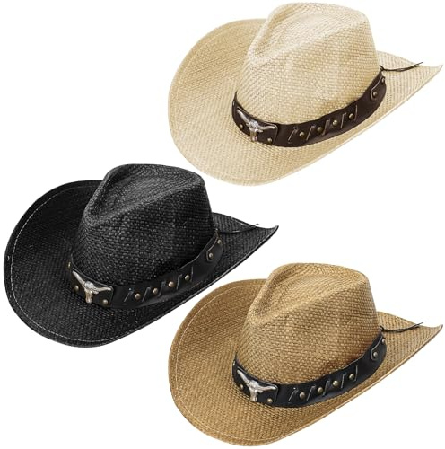 3 Pack Western Outback Cowboy Hat Bulk, Adult Cowgirl Hat with Wide Brim Adjustable Straw Hats for Women and Men, Cowboy Hats for Fancy Dress, Hen Party, Birthday, Music Festival (Classic)