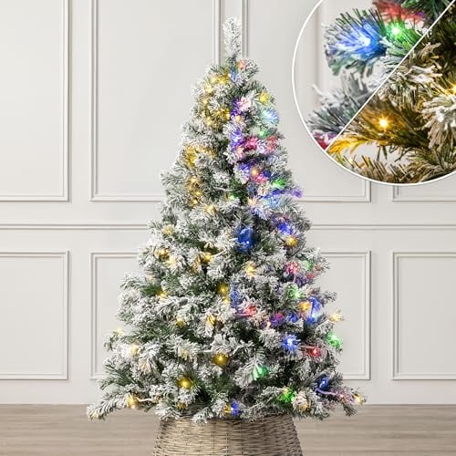 Christow Pre-Lit Flocked Chamonix Spruce Christmas Tree, 5ft | Dual-Colour LED Lights, Warm White to Multi-Colour, 11 Light Modes – Colour Changing, PE & PVC Tips, Mains Powered with Timer