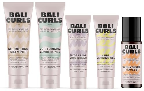 Bali Curls, set da 4 pezzi, dimensioni da viaggio per ricci sani e definiti – shampoo, balsamo, crema ricci & Defining Gel – Set di cura compatto per viaggi, palestra e viaggi