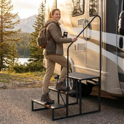 GarveeTech Escalera de 3 niveles con pasamanos, ayuda segura para caravanas y remolques, con capacidad de carga de 200 kg, peldaños antideslizantes para personas mayores y mascotas