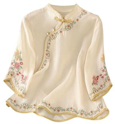 3/4 Sleeve Shirts for Women UK Elegant Floral Embroidered Blouse with Chinese Style Fold Button Lightweight Oriental Tops Ladies Traditional Chinese Clothing Vintage Ethnic Style Top