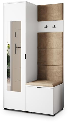 Masseno Flugarderoben Set VIRA, Kleiderschrank-Set mit Spiegel und Sitzbank, Garderobenschrank Flur mit 3 Regalböden, Weiß