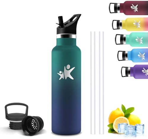 Mujigaga Trinkflasche Edelstahl, 750ml Thermosflasche, BPA-Frei, Trinkflasche mit Strohhalm, Isolierflasche Doppelwandig, Wasserflasche Auslaufsicher, für Fitness, Camping, Yoga, Wandern, Pilates