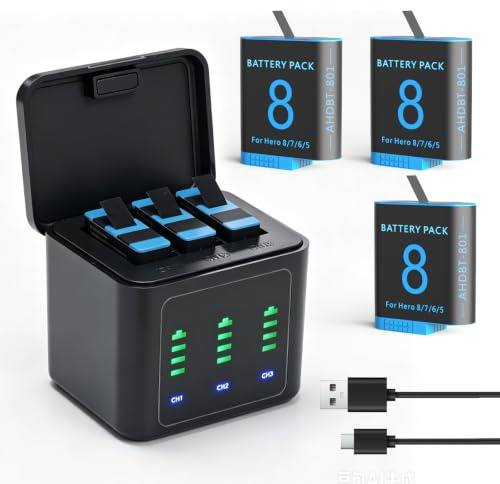 3 confezioni di batterie di ricambio da 2500 mAh per GoPro Hero 8/7/6/5 con stazione di ricarica a 3 canali di tipo C