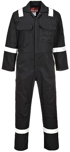Portwest BIZ5 Bizweld FR Men's Coverall Flame Resistant Welding Overall Safety Gear 100% Cotton Reflective Tape Knee Pad Pockets Molten Metal Splash Protection, Black, M