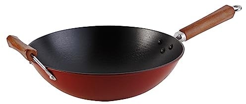 IMUSA USA GKG-61021 Light Cast Iron Wok with Wood Handles 14-Inch, Black