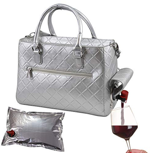 Primeware Boisson isotherme Sac à main W/poche à eau 3L Sac | thermique chaud et froid de stockage | Portable à boire pour bouteille de vin, Cocktails, Bière, Alcool | PU Cuir Finition Silver Quilted