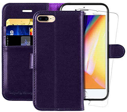 MONASAY Wallet Case for iPhone 7 Plus Wallet Case/iPhone 8 Plus,5.5 -inch [Glass Screen Protector Included] Flip Folio Leather Cell Phone Cover with Credit Card Holder for Apple 7 Plus/8 Plus,Purple
