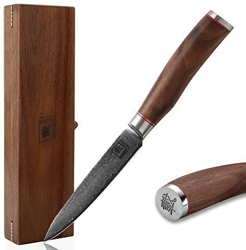 zayiko Kurumi Premium Allzweckmesser mit 12,5 cm Klinge gefertigt aus 67 Lagen echtem Damaststahl mit Nussbaumgriff I Holzbox I Damastmesser Küchenmesser und Profi Kochmesser