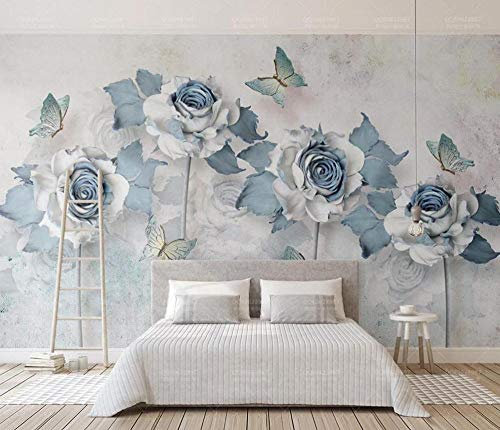 MUNXIN Wallpaper Papier Peint Panoramique 3D Élégantes Fleurs Papillon Bleu Clair Moderne Papier Peint 3D Intissé Décoration Murale