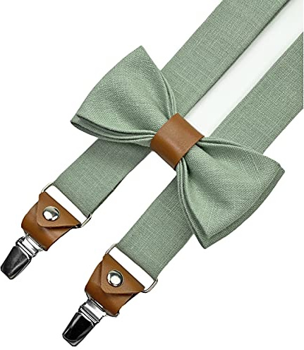 Leinen Accessoires: Fliege mit Leder, Hosenträger mit Leder, Einstecktuch, Manschettenknöpfe für Herren