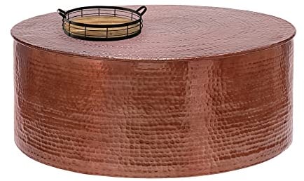 WOMO-DESIGN Couchtisch Ø 90x37 cm Kupfer, Unikat, Hammerschlag-Optik, Handgefertigter Beistelltisch, Orientalischer Wohnzimmertisch, Runde Tisch, Aluminium Loungetisch, Flacher Sofatisch, Metall Tisch