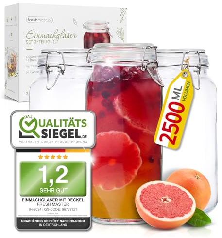 freshmaster Gläser mit Bügelverschluss - Set aus bruchsicherem Glas mit Spezialdichtung und Edelstahl - Vorratsgläser Marmeladengläser Gläser Set (3 x 2500ml)