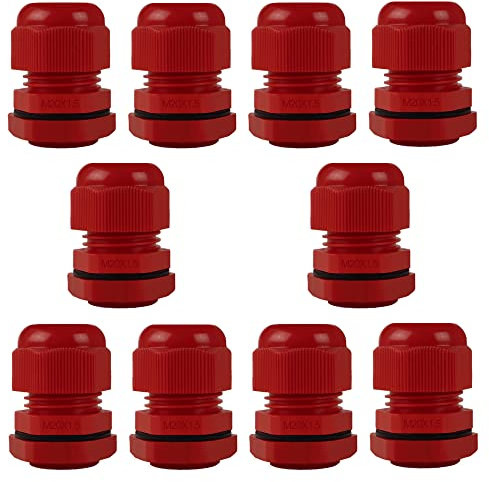 10 Pack M20 20mm IP68 Waterproof Red Cable Glands, Suitable for 6mm - 12mm Cables, Plastic Nylon Compression Glands Connectors with Locknut and Washer - AVARTEK