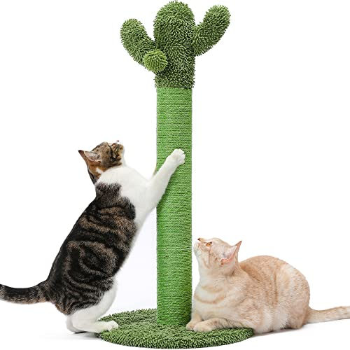 Made4Pets 34 Tall Cat Scratching Post, Cactus Cat Scratcher Kitten Scratching Posts for Indoor Cats Adults Claw Scratch with Sisal Rope, Vertical Green Cat Tree with Dangling Ball for Kitties Large