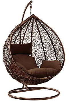 Egg Chair with Cushion Garden Swing Seat Hanging Egg Chair Indoor Outdoor Seating Garden Egg Chair with Sturdy Steel Frame Reading Chair Garden Patio Lounge Hanging Brown Chair White Cushion