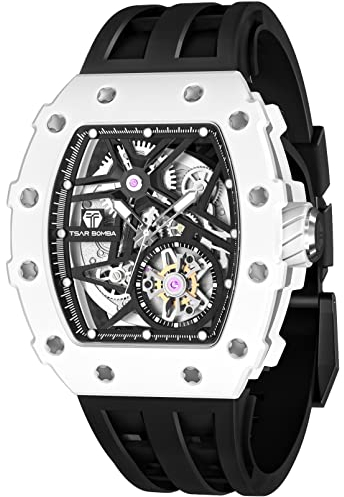 TSAR BOMBA Montre Homme Automatique Luxe Céramique - Mouvement Japonais - Verre Saphir - Étanche 50m - Ceinture en Caoutchouc Fluoré - Tonneau - Lumineux