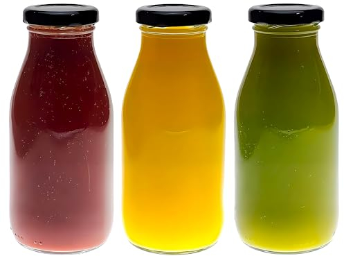 COS 3 X 250ml Glass Milk Bottle with Pretty Black Lids Small Glass Jars for Milk, Fruit Juice, Smoothies