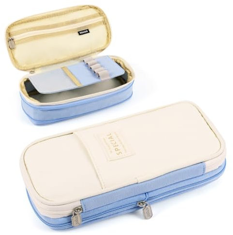 Expandable Pencil Case, Large Capacity Pencil Case with Compartments, Portable Pencil Pen Bag Pouch Stationery Storage Organizer for Girls Women Adult School Office College Students (Light Blue Beige)