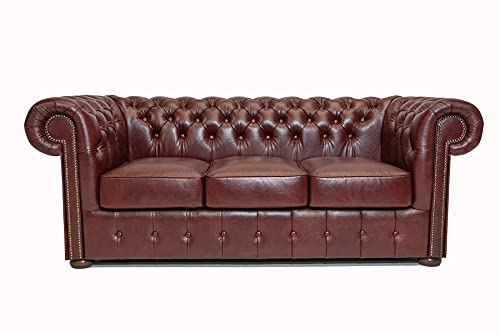 Chesterfield - 3 Sitzer Sofa | 100% Leder, Handgefertigt, Original Chesterfield | Breite 200 cm | Cloudy Rot