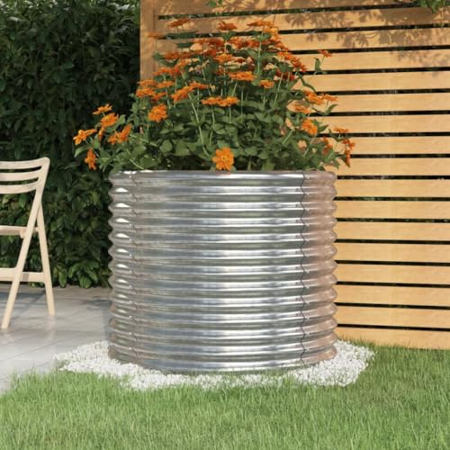 puraday Jardinière de Jardin Acier Enduit de Poudre 80x80x68 cm Argenté Pot de Fleurs de Forme Ronde Décorer Balcon Patio Lit Surélevé Grand Espace Planter Légumes Aromates Herbes Plantes