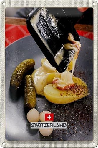 mrdeco Metall Schild 20x30cm gewölbt Schweiz Raclette Europäische Gerichte Deko Blechschild Tin Sign