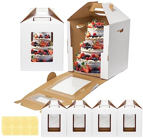 Mcfleet Tall Cake Boxes 4 Pack 12x12x14 for Tier Cakes with Window - 12 Inch Disposable Large Layer Bakery Carrier with Handle - Bakery Safe Transport Box for Wedding, Birthday, Party