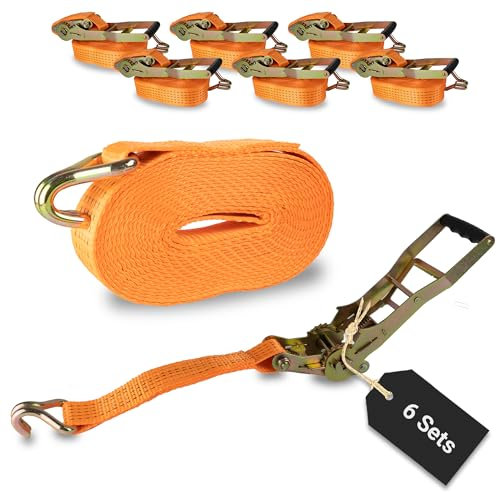 Rapid Langhebel Spanngurte mit Ratsche 6 Stück - 50mm x 8m zweiteilig/bis zu 5000kg belastbarer reißfester Zurrgurt/schnelle, sichere Zurrgurte mit Ratsche orange/Zurrschlaufen für 5000 daN (5t)