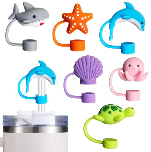 HLUWA 6PCS Straw Cover Cap for Stanley Cup, Silicone Sea Animal Straw Topper for Stanley 30&40 Oz Tumbler with Handle, 10mm 0.4in Dust-Proof Reusable Straw Tips Lids. (Color 4)