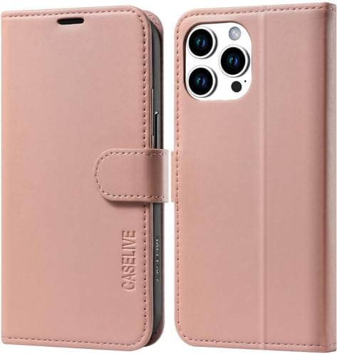 CASELIVE Wallet Case for iPhone 15 Pro Max, Genuine Leather Case with [Card Holder] [Screen Protector] [RFID Blocking][Shockproof TPU Inner Shell] Folio Cover for iPhone 15 Pro Max 6.7''(Rosybrown)