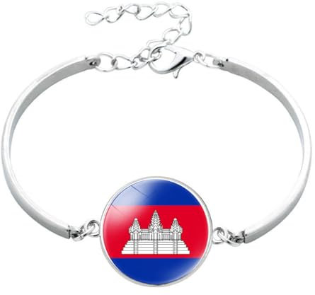 Cernomal Armband Mit Kambodscha-Flagge – Asiatischer National-Glas-Cabochon-Charm, Verstellbarer Armreif, Wildes Accessoire, Party, Alltag, Schmuck, Geschenk Für Damen Und Herren, Weiß