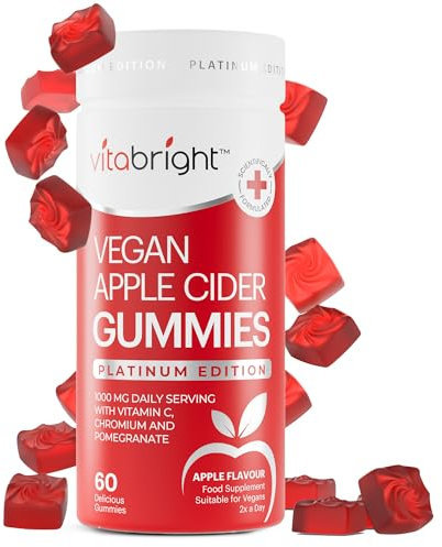 Vegan Apple Cider Vinegar Gummies, High Strength 1000mg, Raw & Unfiltered, 60 Apple Cider Gummies That Work Fast (1 Month) Apple Cider Vinegar Gummy, Vitamin C, Chromium, Pomegranate, VitaBright ACV