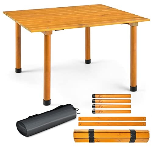 COSTWAY Mesa Plegable Camping, Mesas Plegables Portatiles con Tablero Enrollable de Madera Abeto, Mesa Plegable Pequeña con Bolsa de Transporte Playa Picnics Pesca Barbacoa, 69 x 69 x 42 cm (Natural)