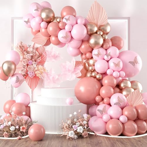 Luftballon Girlande Rosa, 101pcs Ballon Girlande Rosa Gold Schmetterling Set, Luftballon Bogen Pink für Geburtstag Deko Mädchen, Schmetterling Deko Geburtstag für Hochzeit Baby Shower Party Dekoration